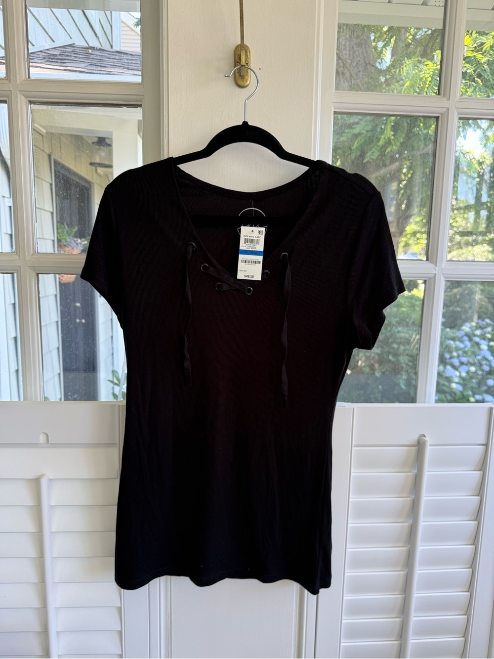 INC International Concepts Black Lace-Up Short Sleeve Tee Size XL